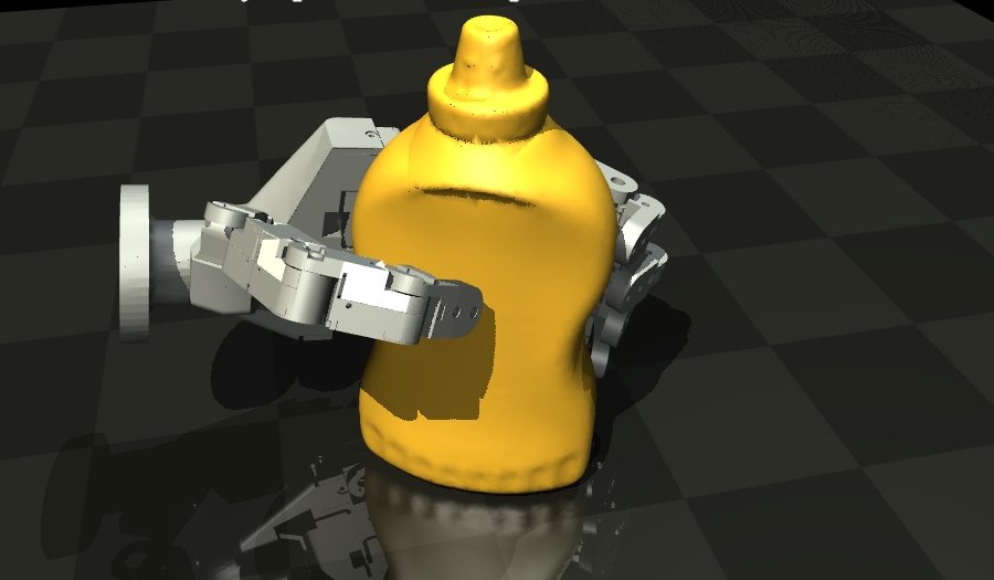 MuJoCo render of the hand grasping a yellow mustard bottle